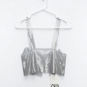Zara Silver Rhinestone Crop Top – NWT – Size M – Retail $89 – Party / Holiday